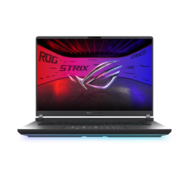 03_G_New_16_GR_Shot of the Strix G16 with the with the lid open, with the ROG Fearless Eye logo on screen